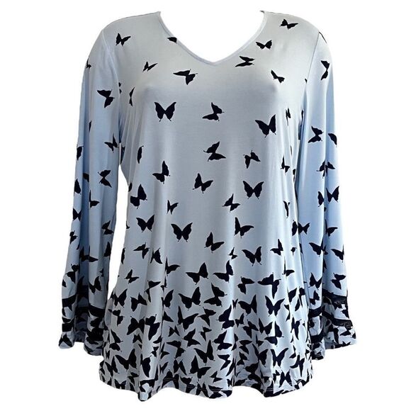 LBelle by Kim Gravel Illusion Sleeve Butterfly Print Knit Top - Picture 1 of 5